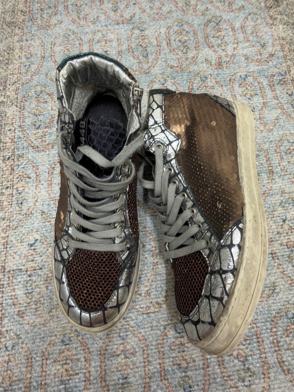 P448 Queens Brown Sequin & Metallic High-Top Sneakers size 37